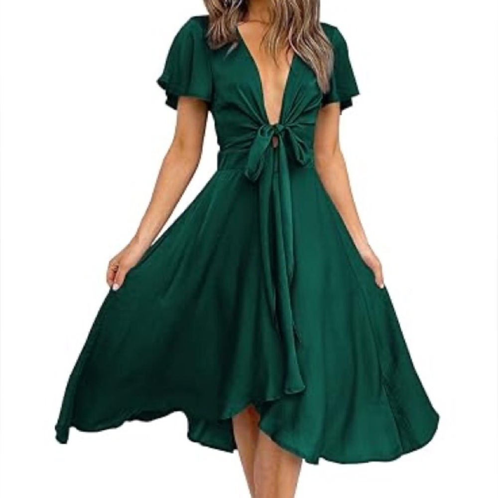 Satin Emerald Green V neck tie Dress